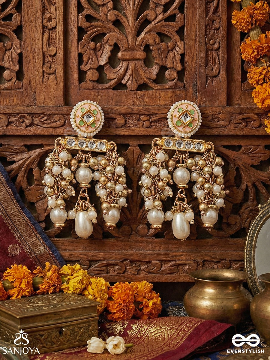 Kanakmudrika - Golden Seal - Decorative Earrings With Enamel Panel And Drop Accents