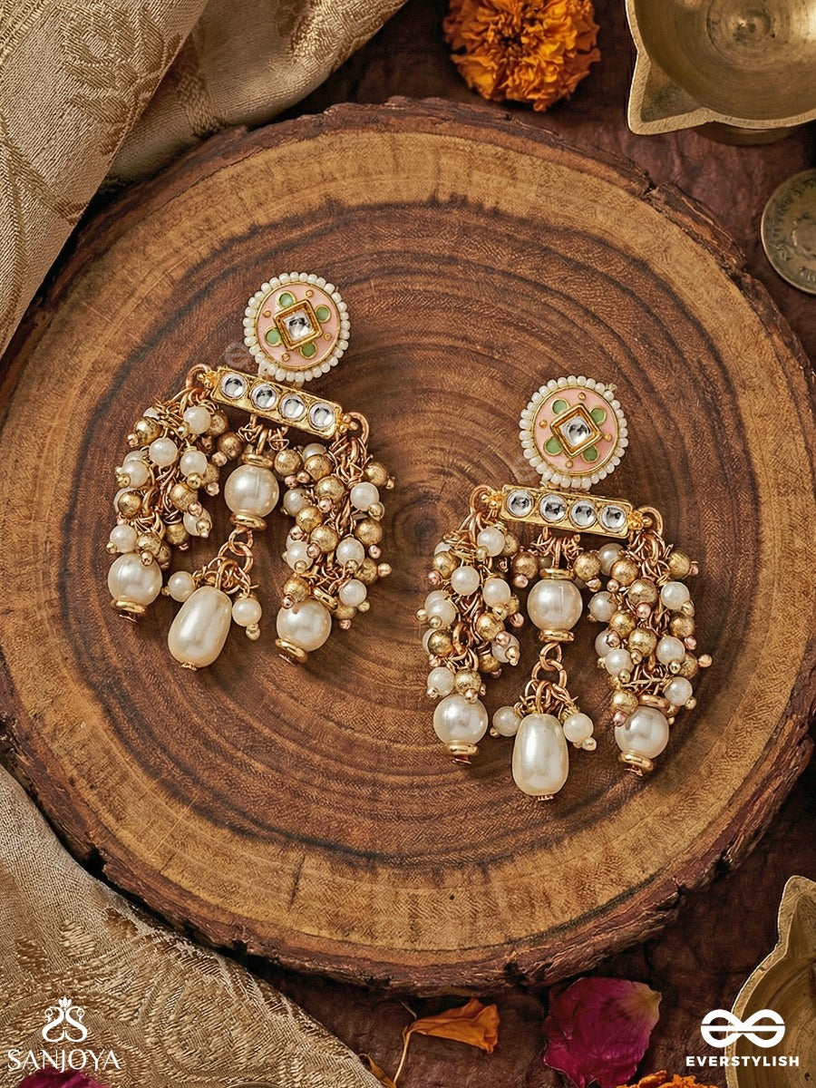 Kanakmudrika - Golden Seal - Decorative Earrings With Enamel Panel And Drop Accents