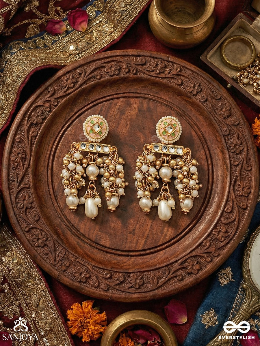 Kanakmudrika - Golden Seal - Decorative Earrings With Enamel Panel And Drop Accents