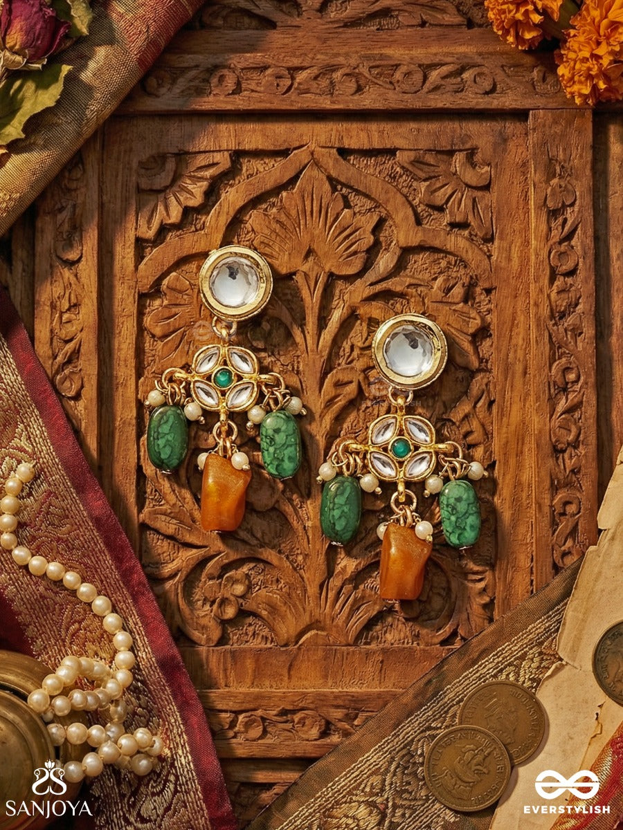 Rangaveni - Braid Of Colours - Ornate Earrings With Embellished Panel, Clustered Details And Dangling Stones