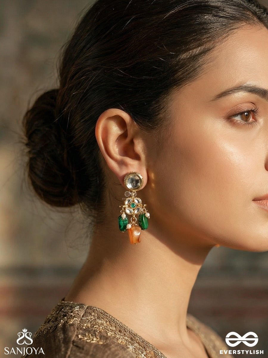Rangaveni - Braid Of Colours - Ornate Earrings With Embellished Panel, Clustered Details And Dangling Stones