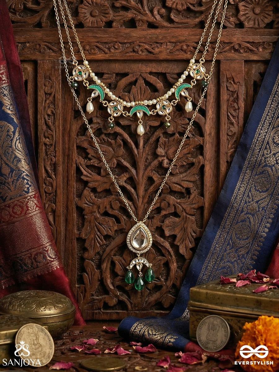 Haritshraya - Green Abode - Elegant Necklace With Delicate Chain, Gemmed Centre And Dangling Green Drop Accents
