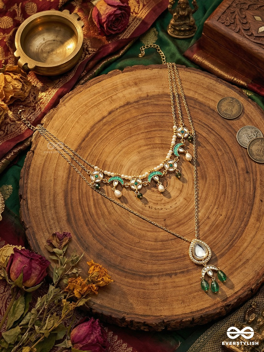 Haritshraya - Green Abode - Elegant Necklace With Delicate Chain, Gemmed Centre And Dangling Green Drop Accents