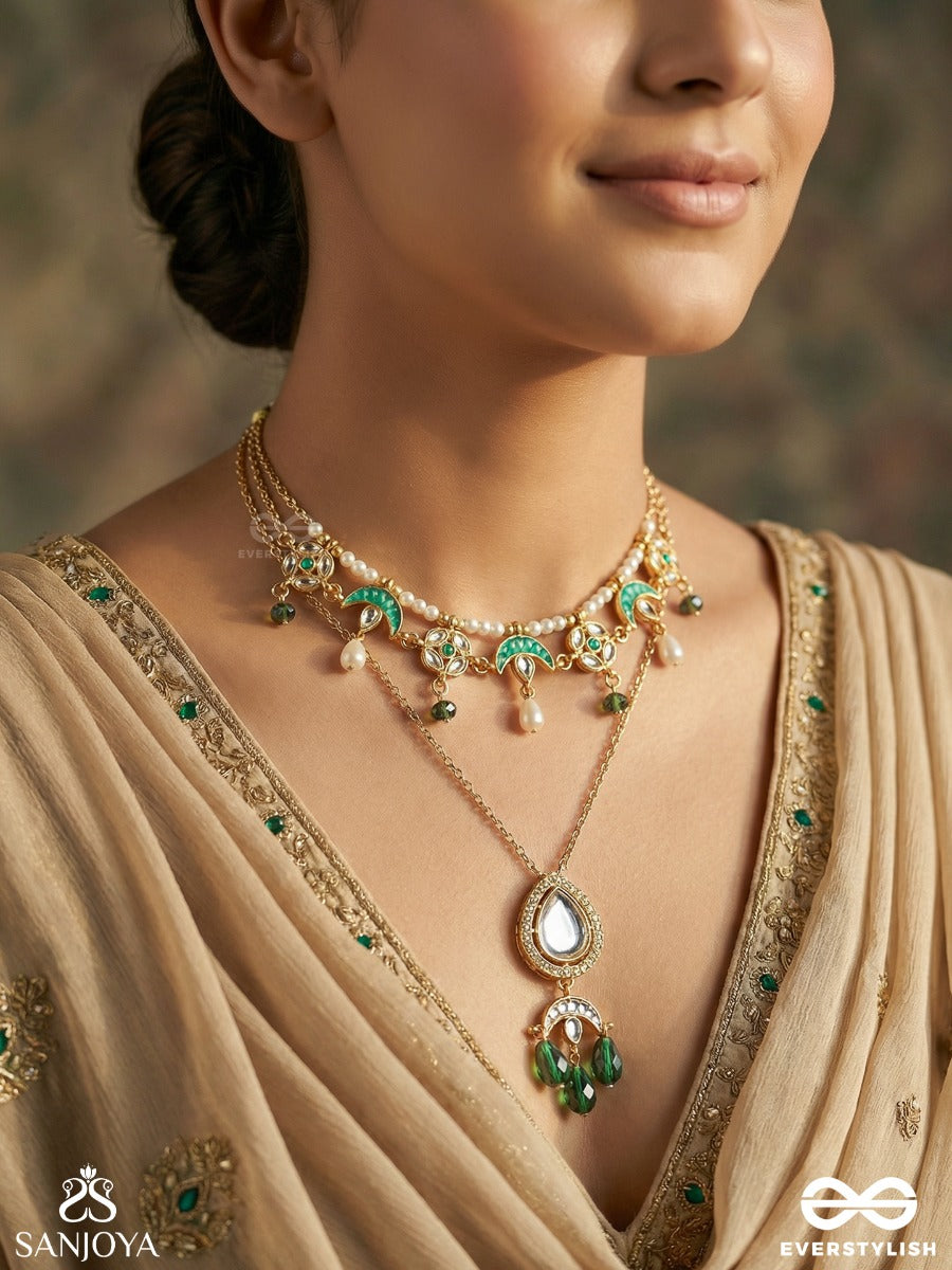 Haritshraya - Green Abode - Elegant Necklace With Delicate Chain, Gemmed Centre And Dangling Green Drop Accents