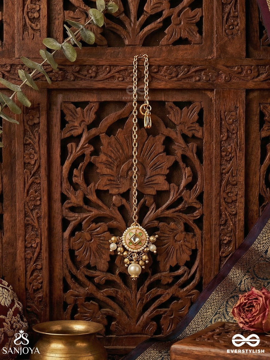 Mriduveni - Calm Seal - Elegant Maangtika With With Enamelled Motifs And Pearl Drop Accent