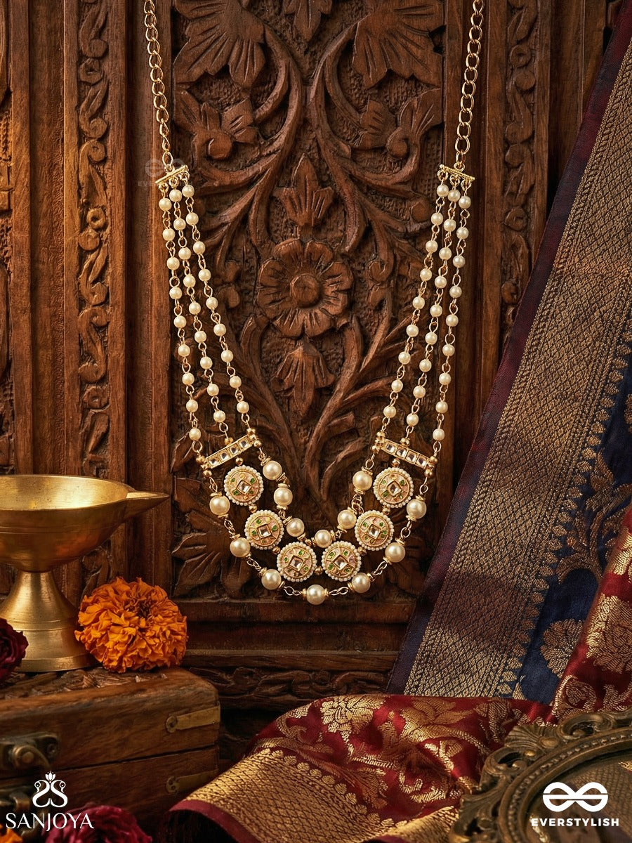 Kanakmudrika - Golden Seal - Festive Necklace With Repeating Medallions And Pearl Fringe Detail