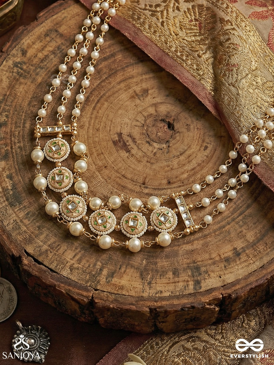 Kanakmudrika - Golden Seal - Festive Necklace With Repeating Medallions And Pearl Fringe Detail