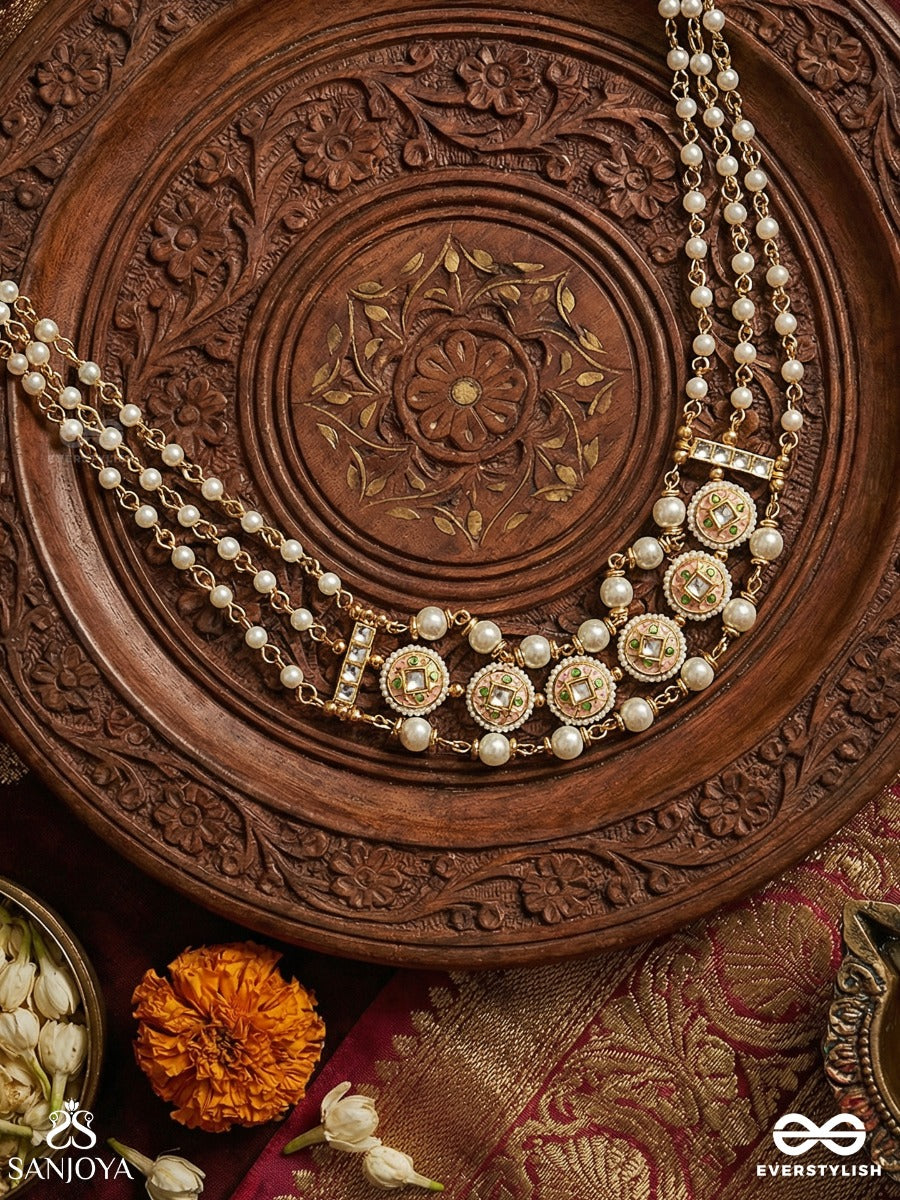 Kanakmudrika - Golden Seal - Festive Necklace With Repeating Medallions And Pearl Fringe Detail