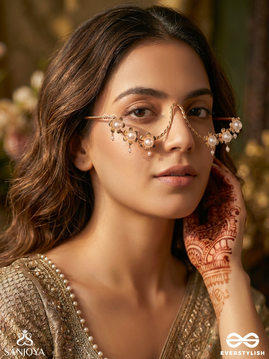 Ruhaani – Soft Lustre – Delicate Face Let With Floral Pearl Clusters And Soft Gold Chain Drapes