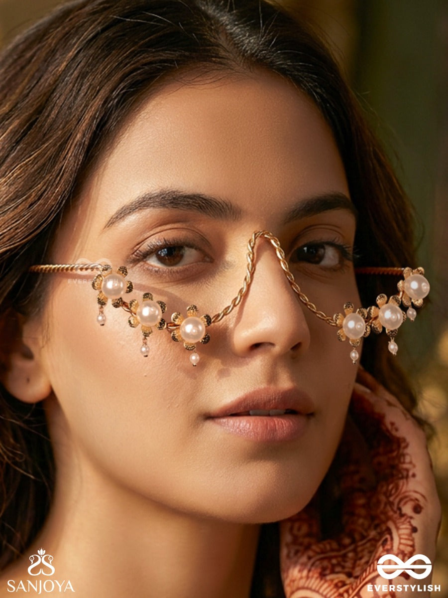 Ruhaani – Soft Lustre – Delicate Face Let With Floral Pearl Clusters And Soft Gold Chain Drapes