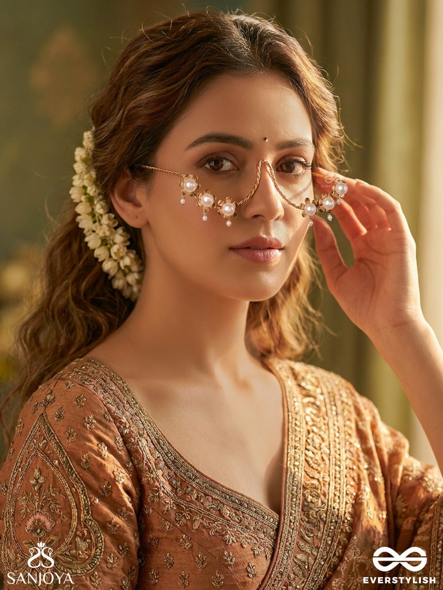 Ruhaani – Soft Lustre – Delicate Face Let With Floral Pearl Clusters And Soft Gold Chain Drapes