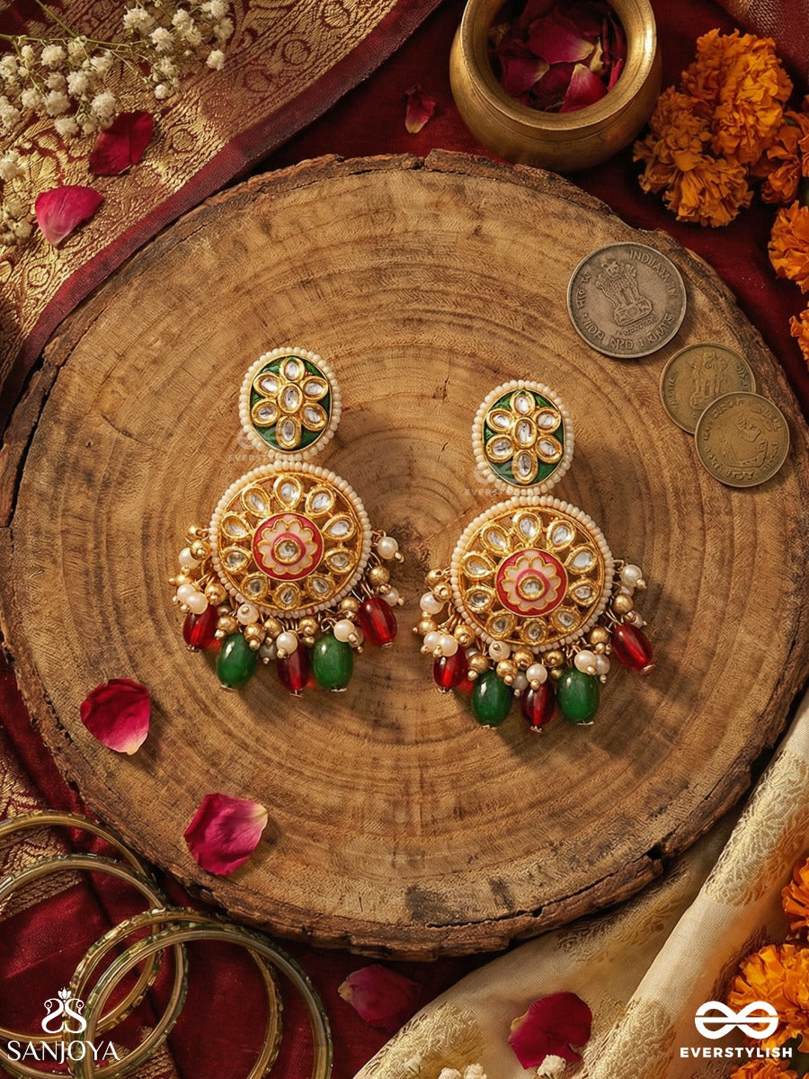 Kanakchitrini - Golden Artistry - Ornate Earrings With Embellished Panels, Clustered Elements And Multi-Colour Drops