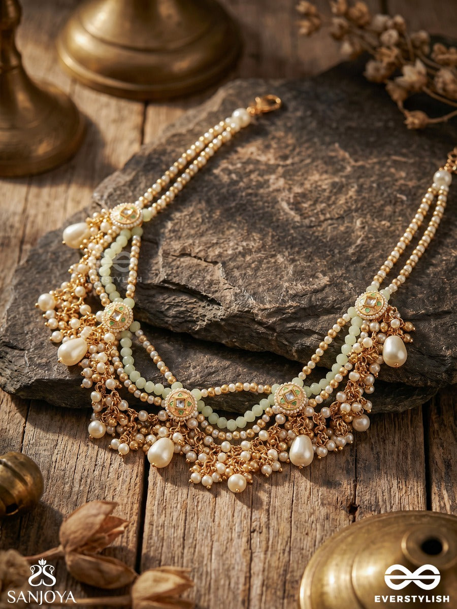 Mriduveni - Soft Braid - Elegant Necklace With Enamelled Motifs, Flowing Drapes And Pearl Drop Fringe