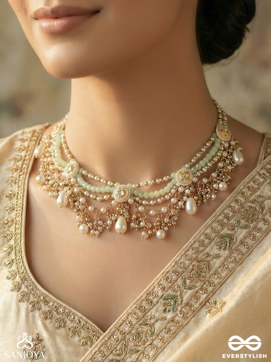 Mriduveni - Soft Braid - Elegant Necklace With Enamelled Motifs, Flowing Drapes And Pearl Drop Fringe