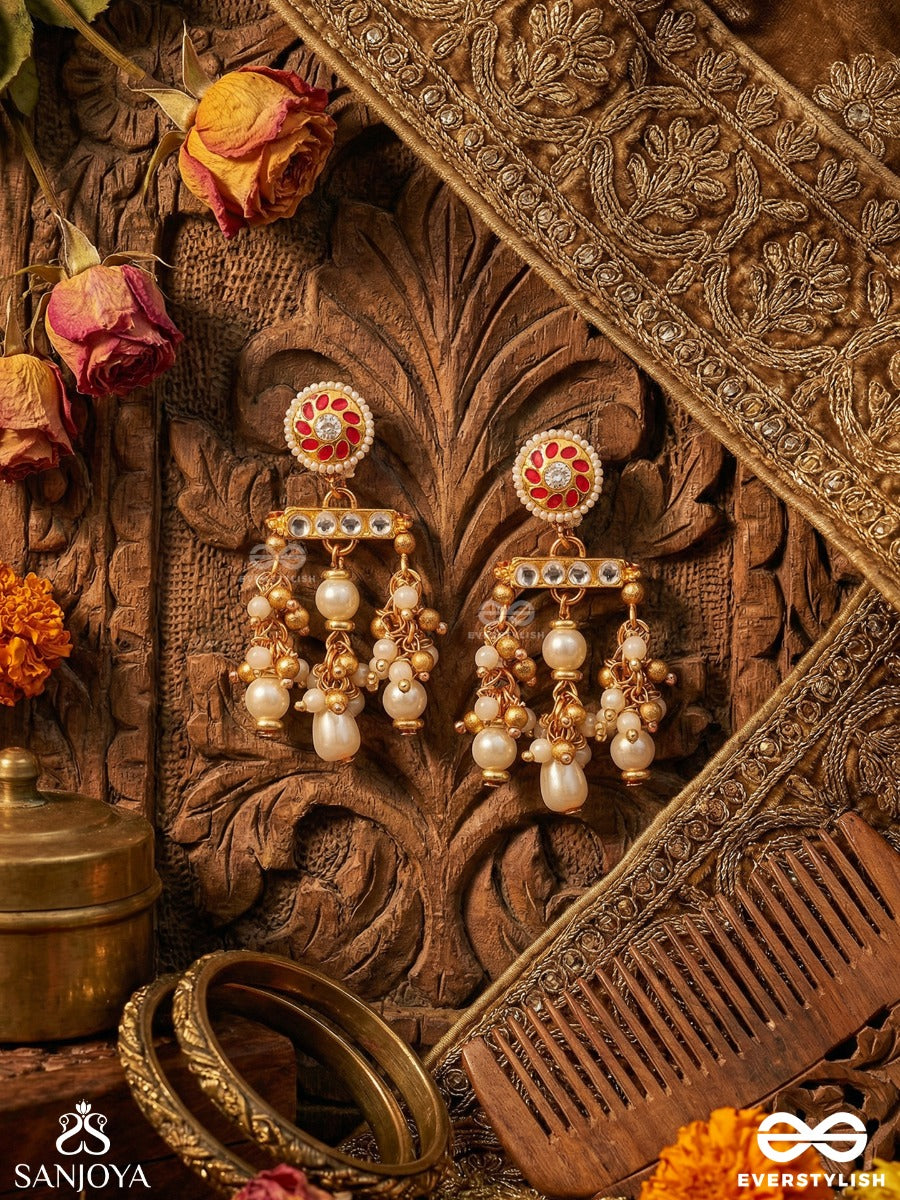 Vasupratika - Treasure Emblem - Statement Earrings With Gemmed Design And Pearl Danglers