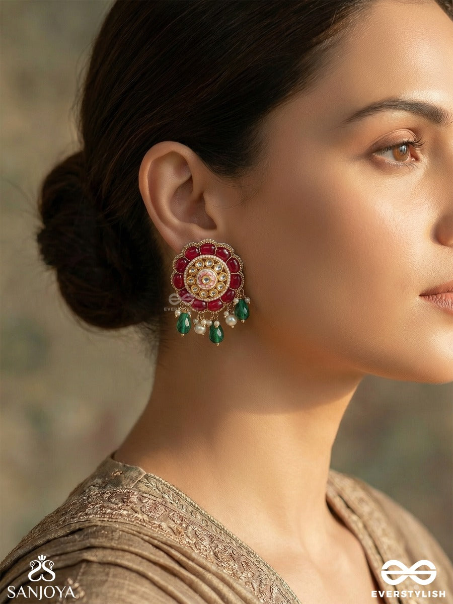 Padmaratika - Lotus Ornament - Statement Earrings With Bloom Motif, Gemmed Detailing And Drop Accents