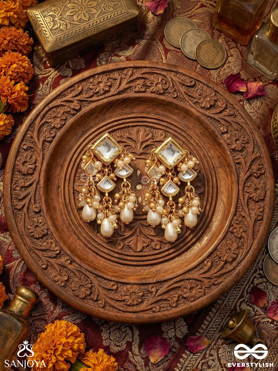 Vitanshri - Ornamental Spread - Delicate Earrings With Structured Gem Block, Clustered Pearl Chains And Dangling Accents