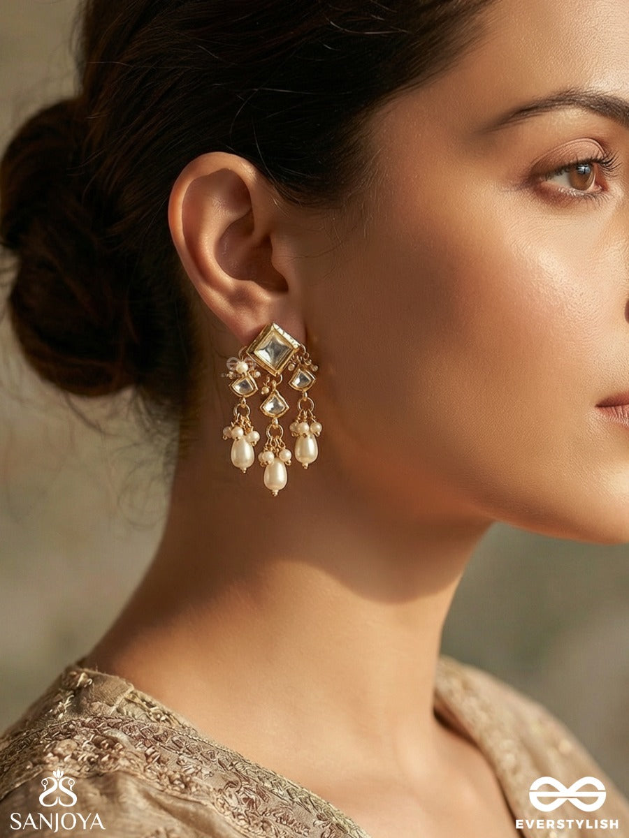Vitanshri - Ornamental Spread - Delicate Earrings With Structured Gem Block, Clustered Pearl Chains And Dangling Accents