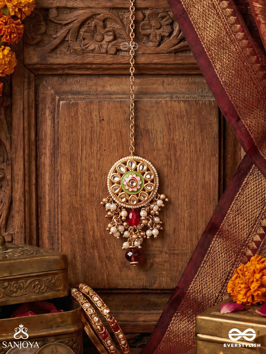 Padmavarti - Lotus Disc - Delicate Maangtika With Enamelled Medallion, Polki Accents And Ruby Drop Fringe