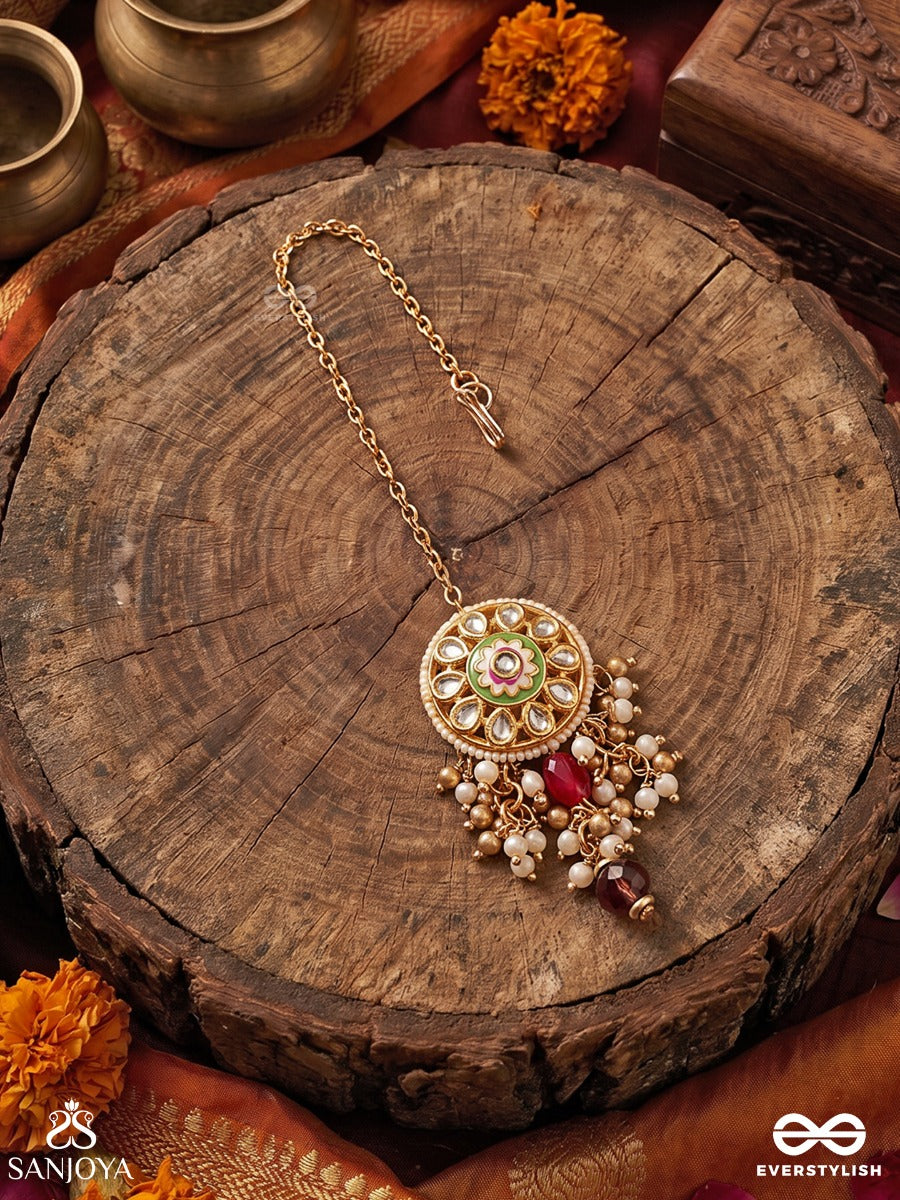 Padmavarti - Lotus Disc - Delicate Maangtika With Enamelled Medallion, Polki Accents And Ruby Drop Fringe