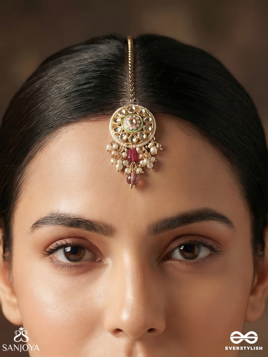 Padmavarti - Lotus Disc - Delicate Maangtika With Enamelled Medallion, Polki Accents And Ruby Drop Fringe