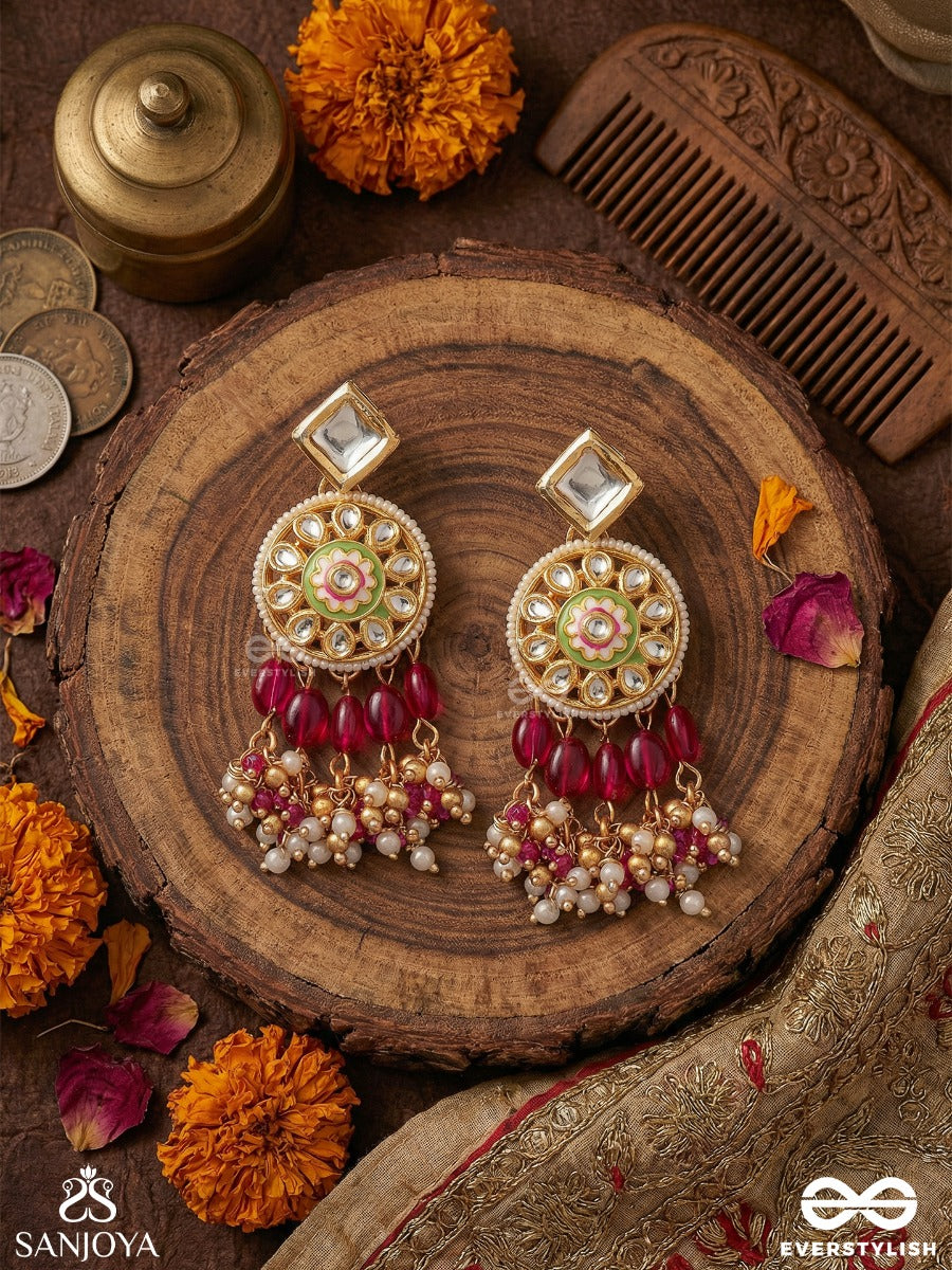 Padmavarti - Lotus Disc - Ornate Earrings With Enamelled Medallion, Polki Details And Ruby-Toned Danglers