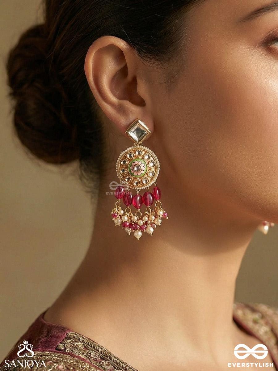Padmavarti - Lotus Disc - Ornate Earrings With Enamelled Medallion, Polki Details And Ruby-Toned Danglers