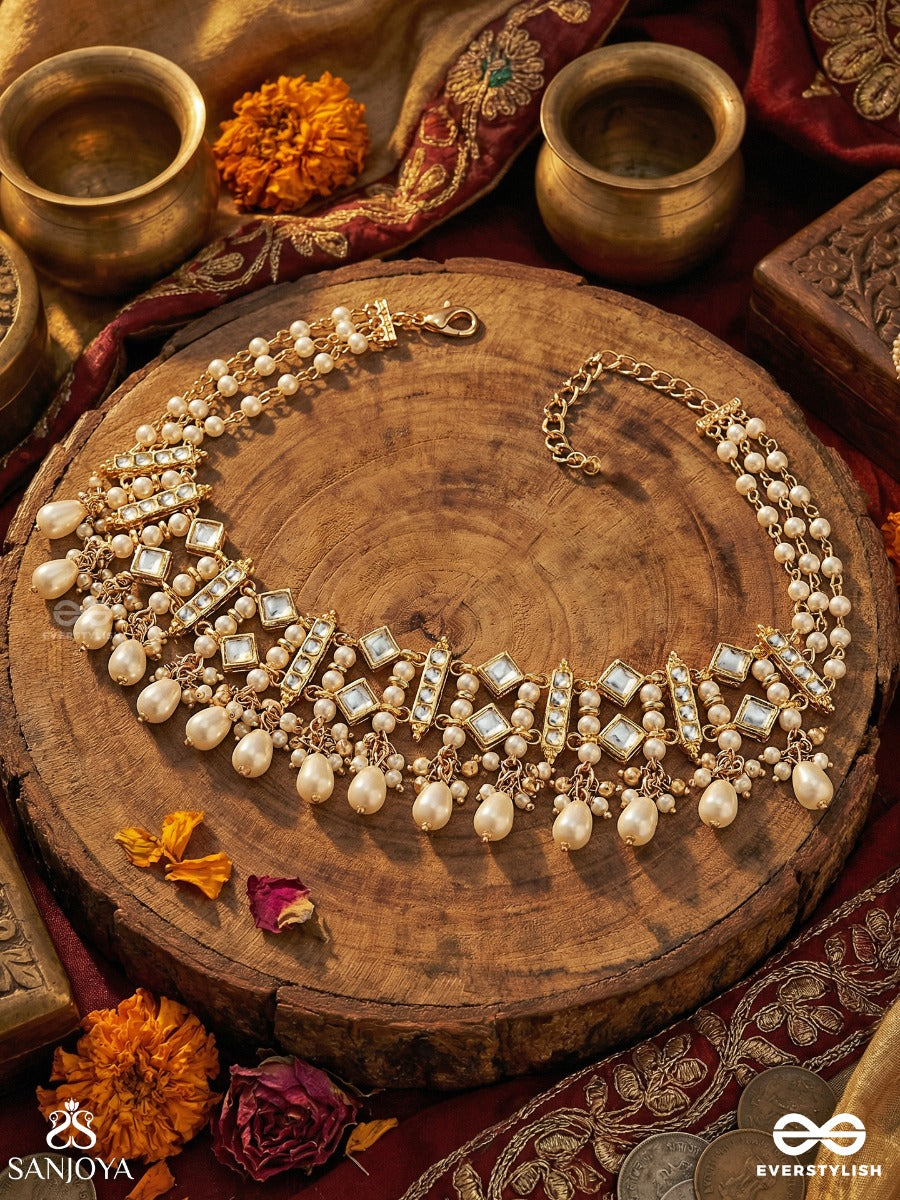 Vitanshri - Ornamental Spread - Statement Necklace With Geometric Panels, Crystal Details And Pearl Drop Fringe