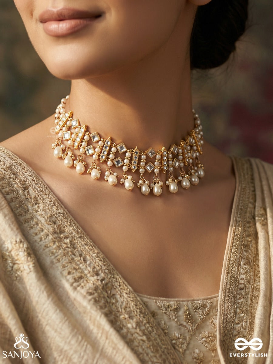 Vitanshri - Ornamental Spread - Statement Necklace With Geometric Panels, Crystal Details And Pearl Drop Fringe