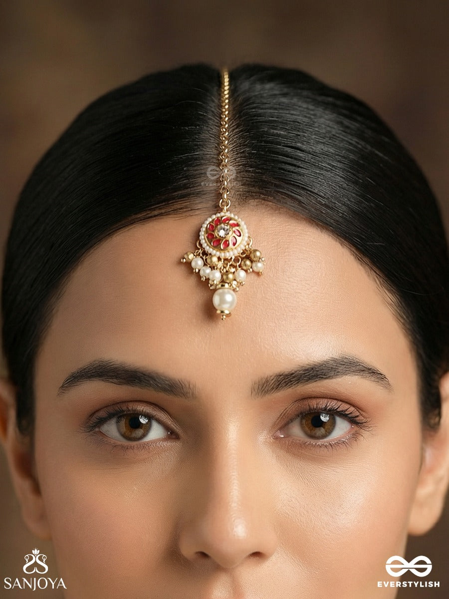 Vasupratika - Treasure Emblem - Delicate Maangtika With Enamelled Medallion, Gem Detailing And Pearl Drop Accent