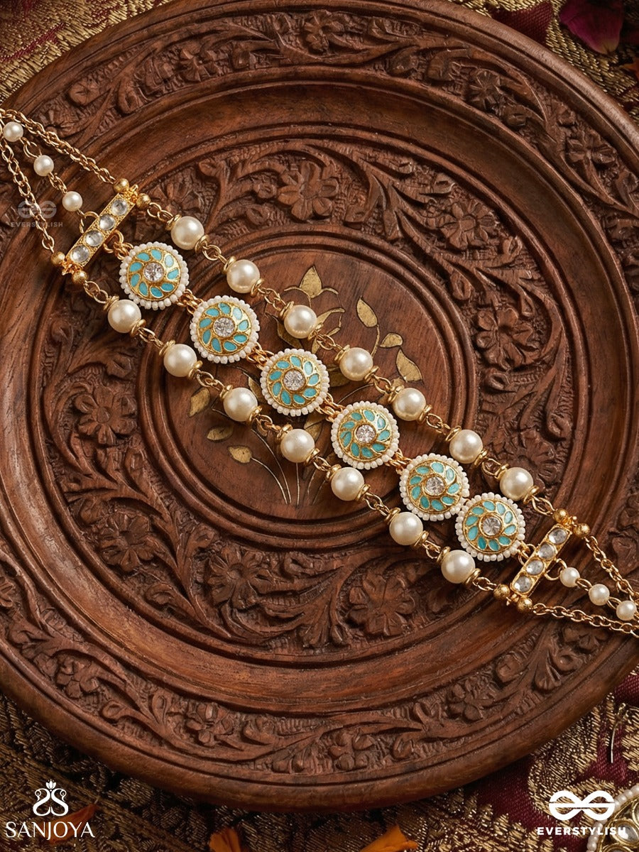 Saumyamudrika - Calm Seal - Delicate Necklace With Enamelled Motifs, Pearl Strands And Fringe Detail