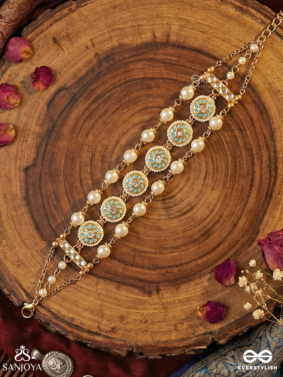 Saumyamudrika - Calm Seal - Delicate Necklace With Enamelled Motifs, Pearl Strands And Fringe Detail