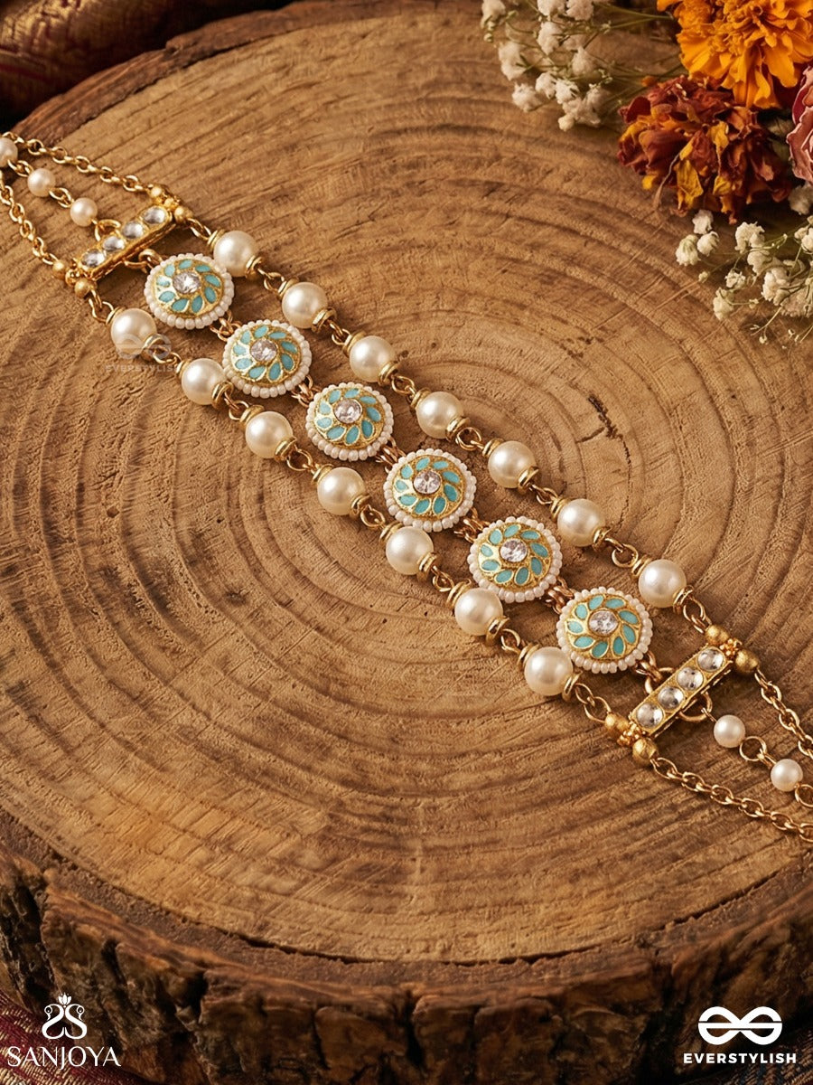 Saumyamudrika - Calm Seal - Delicate Necklace With Enamelled Motifs, Pearl Strands And Fringe Detail