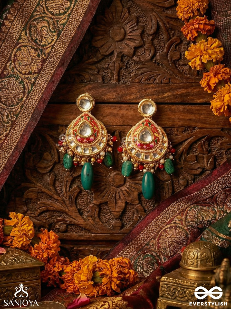 Haritratika - Green Adornment - Festive Necklace With Enamelled Centre, Layered Chains And Emerald Drop Accents