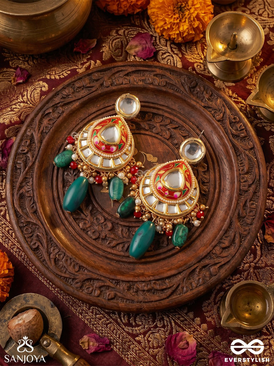 Haritratika - Green Adornment - Festive Necklace With Enamelled Centre, Layered Chains And Emerald Drop Accents