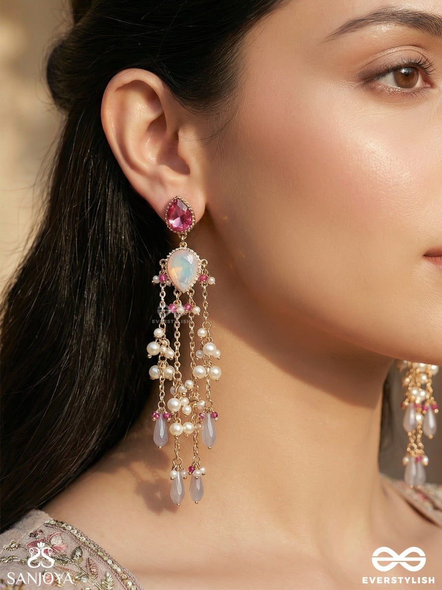 Mriduljhari - Gentle Cascade - Statement Earrings With Pearl Clusters And Flowing Chain Drops