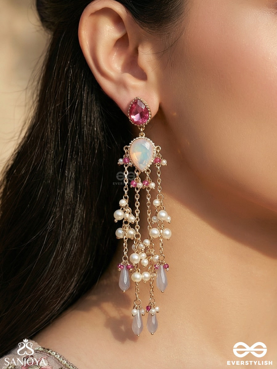 Mriduljhari - Gentle Cascade - Statement Earrings With Pearl Clusters And Flowing Chain Drops