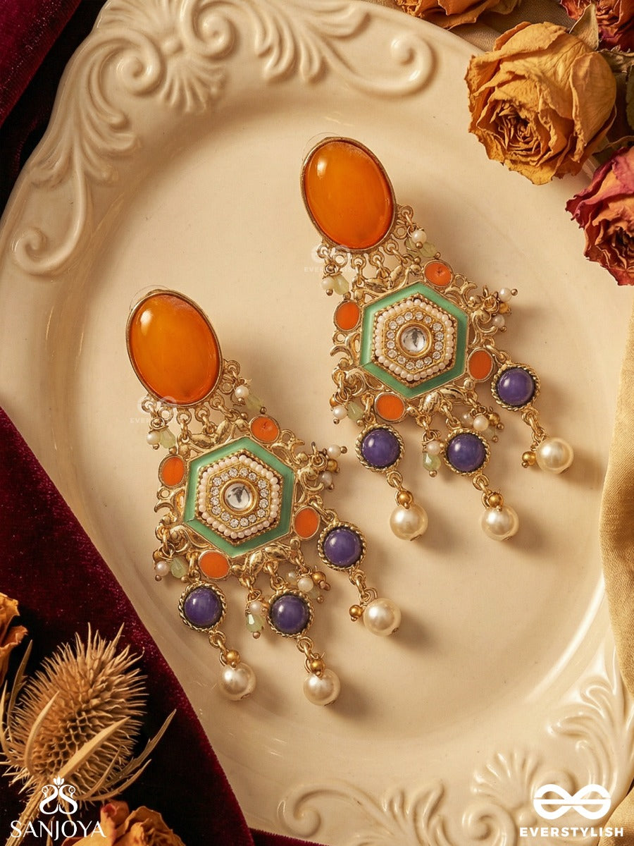 Rangvarchita - Adorned In Colours - Statement Earrings With Enamelled Panel And Multi-Stone Drop Accents