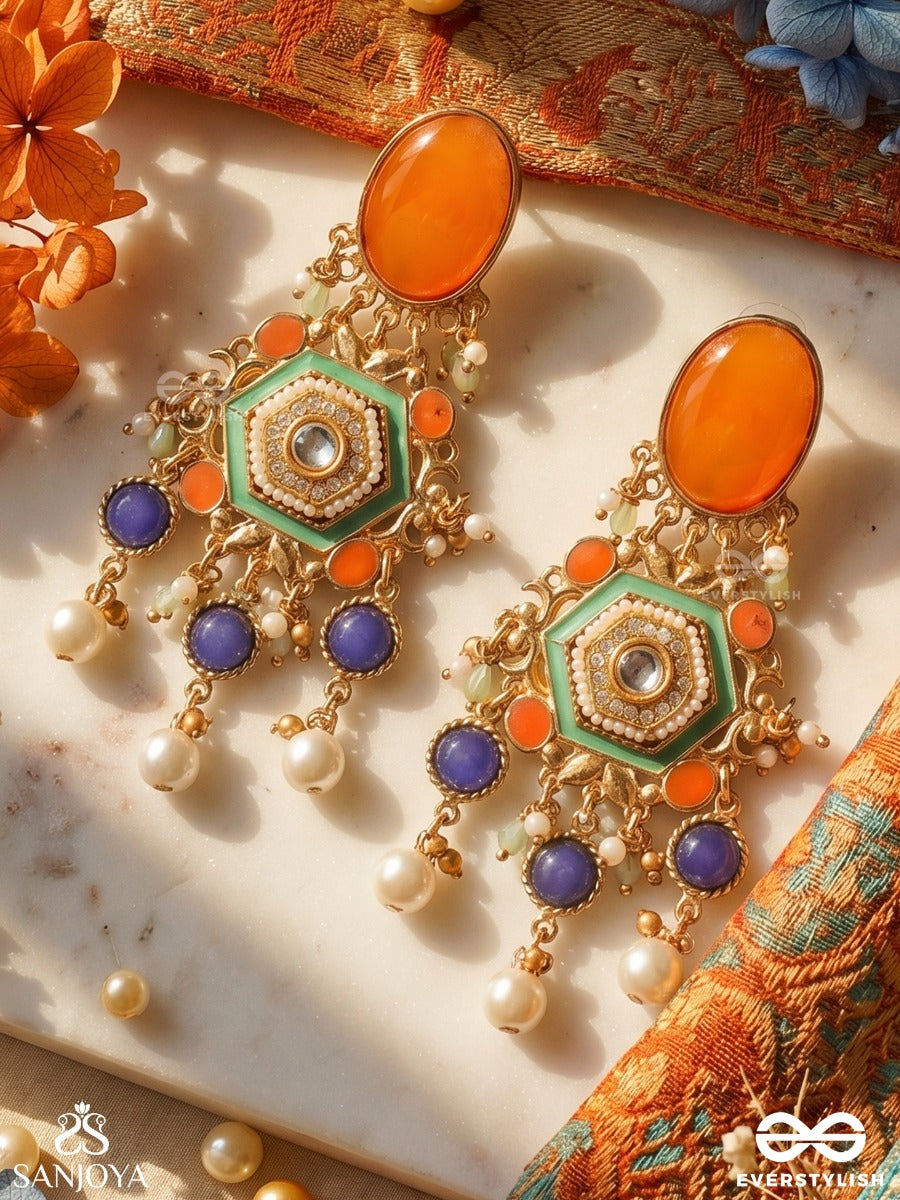 Rangvarchita - Adorned In Colours - Statement Earrings With Enamelled Panel And Multi-Stone Drop Accents