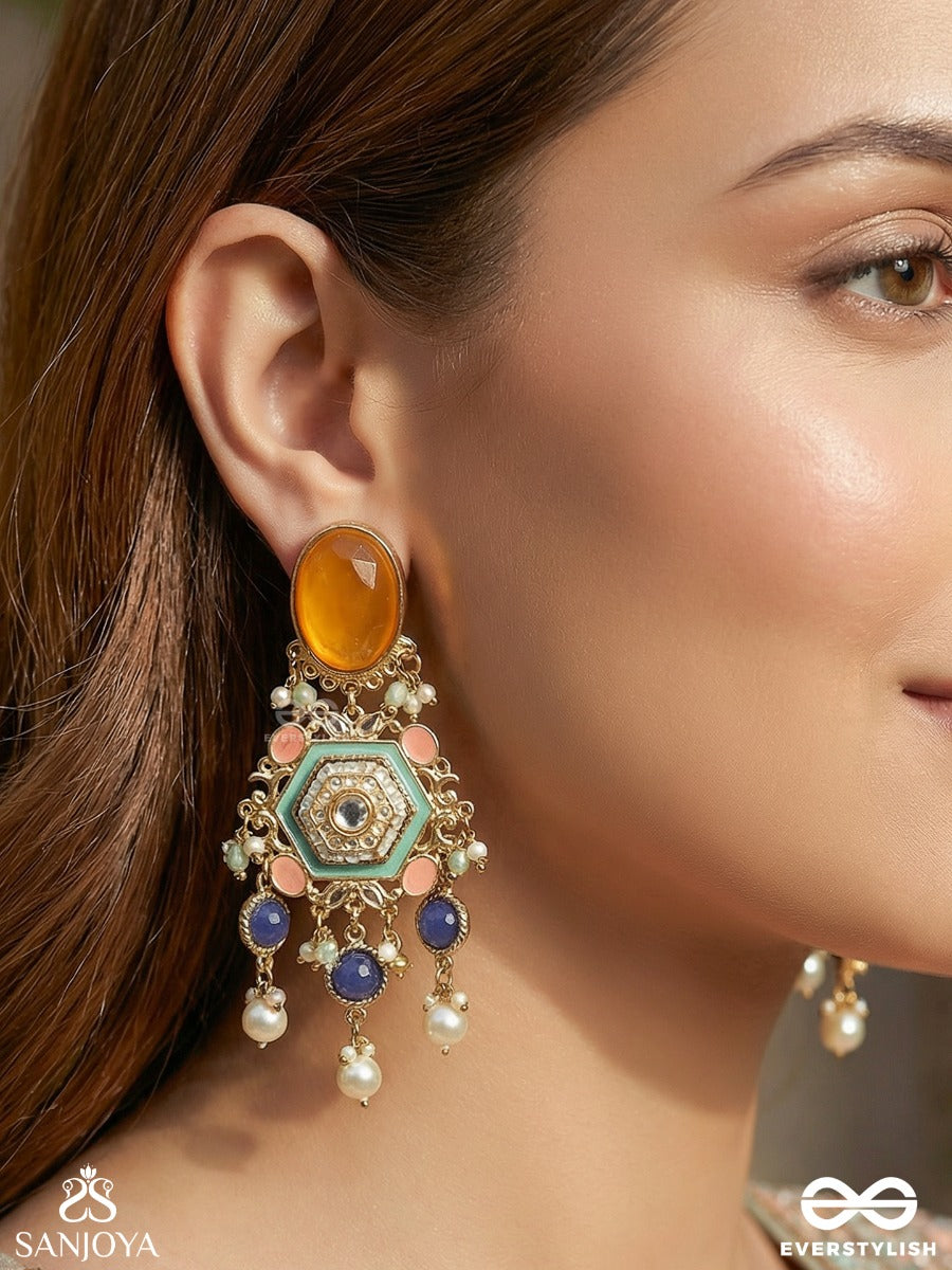 Rangvarchita - Adorned In Colours - Statement Earrings With Enamelled Panel And Multi-Stone Drop Accents