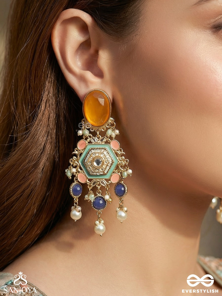 Rangvarchita - Adorned In Colours - Statement Earrings With Enamelled Panel And Multi-Stone Drop Accents