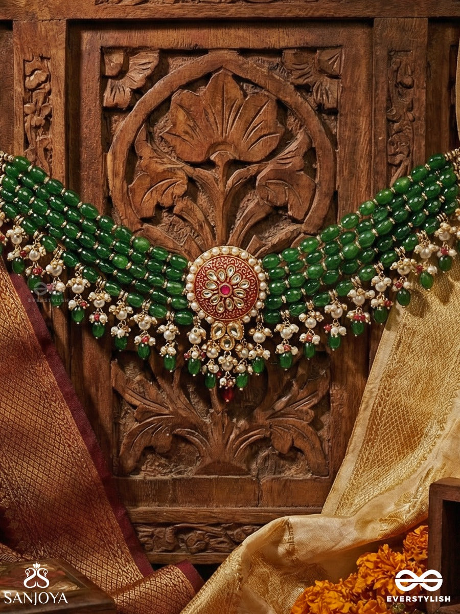 Manikanchi - Jewel Belt - Festive Necklace With Layered Structure And Dangling Drop Accents