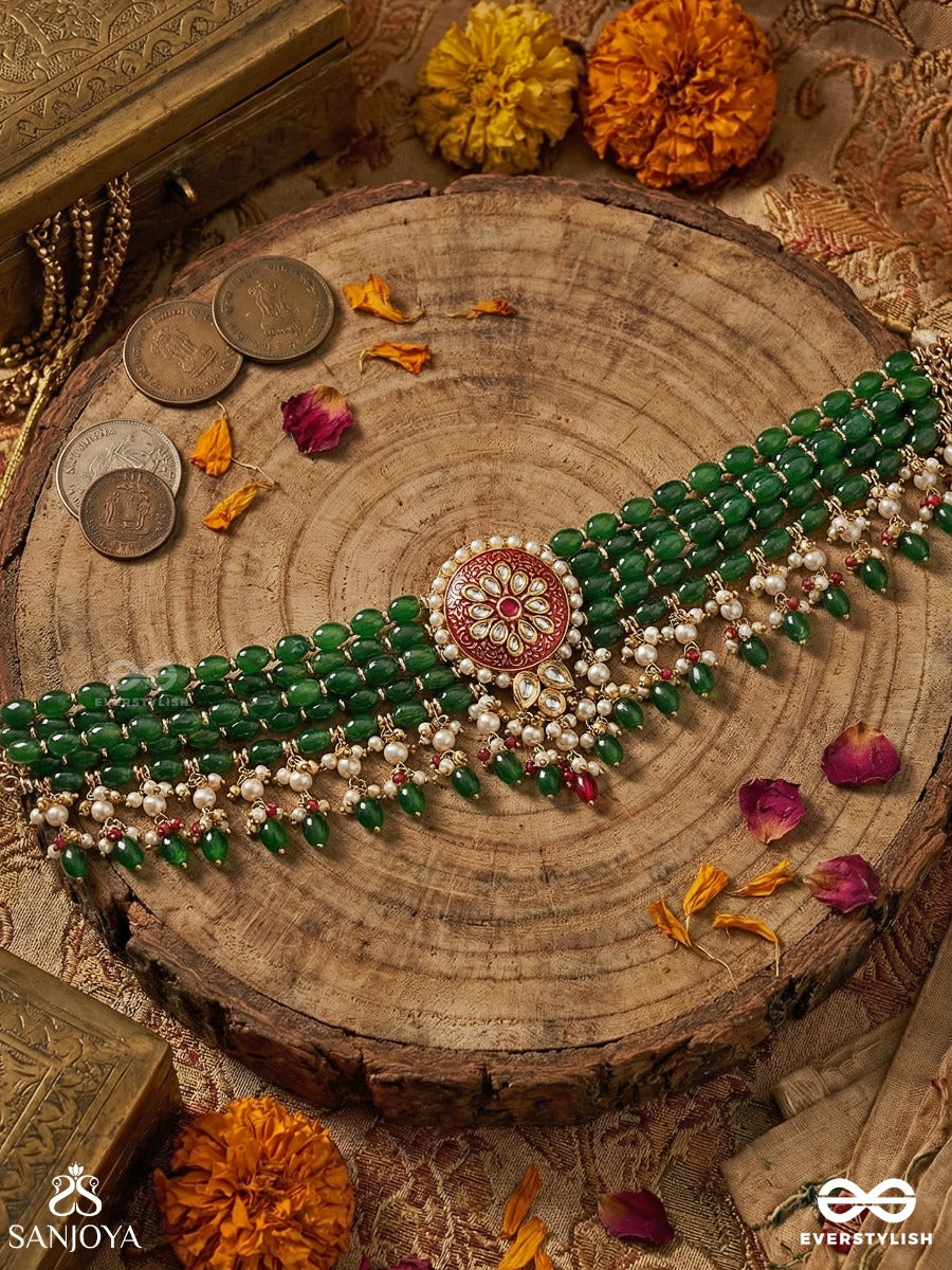 Manikanchi - Jewel Belt - Festive Necklace With Layered Structure And Dangling Drop Accents