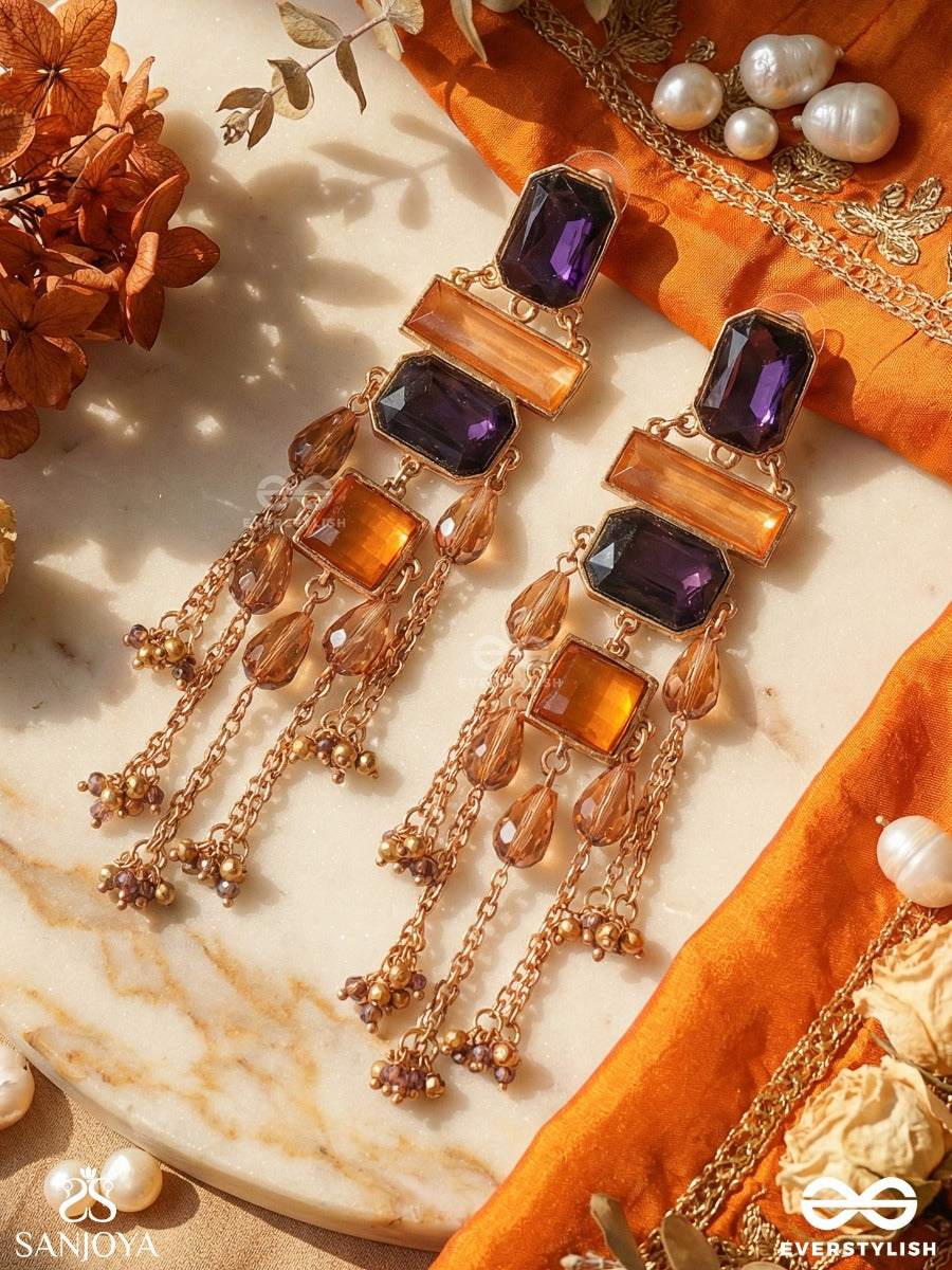Ratnavitana - Jewelled Frame - Statement Earrings With Geometric Panels And Chain Cascade Accents