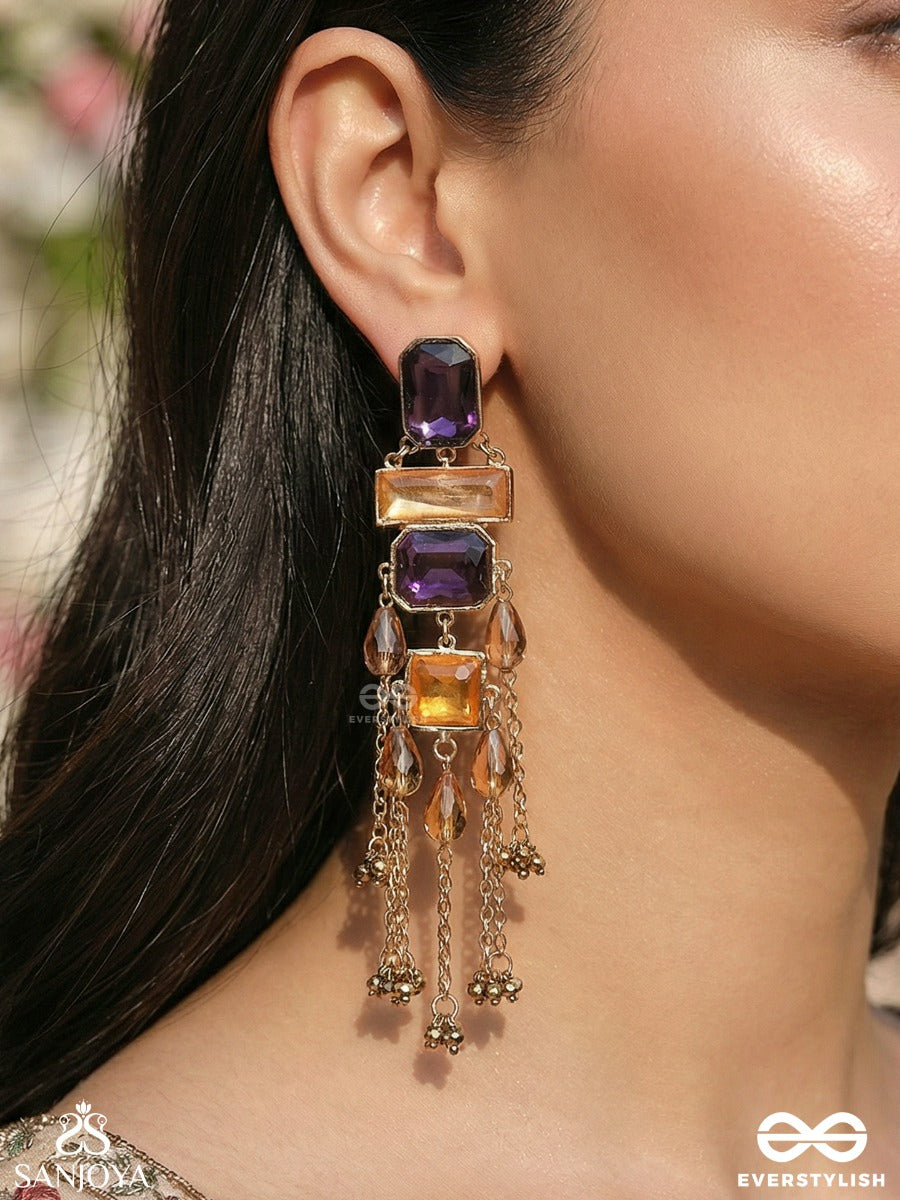 Ratnavitana - Jewelled Frame - Statement Earrings With Geometric Panels And Chain Cascade Accents