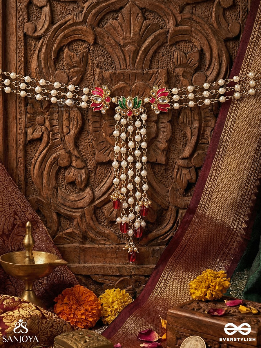 Ragamalini – Melodic Flow – Elegant Necklace With Ornamental Centre And Cascading Pearl Chains