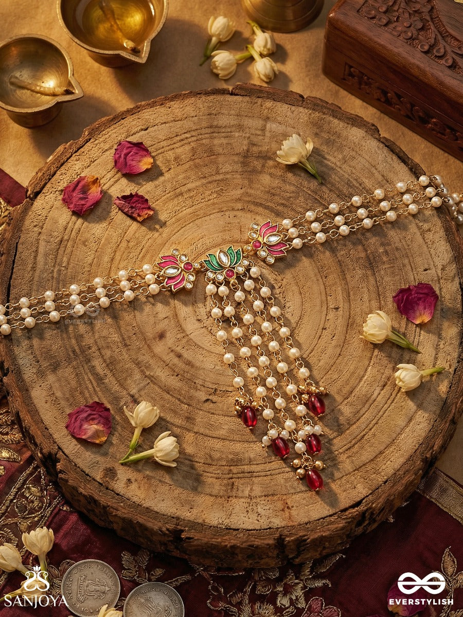 Ragamalini – Melodic Flow – Elegant Necklace With Ornamental Centre And Cascading Pearl Chains