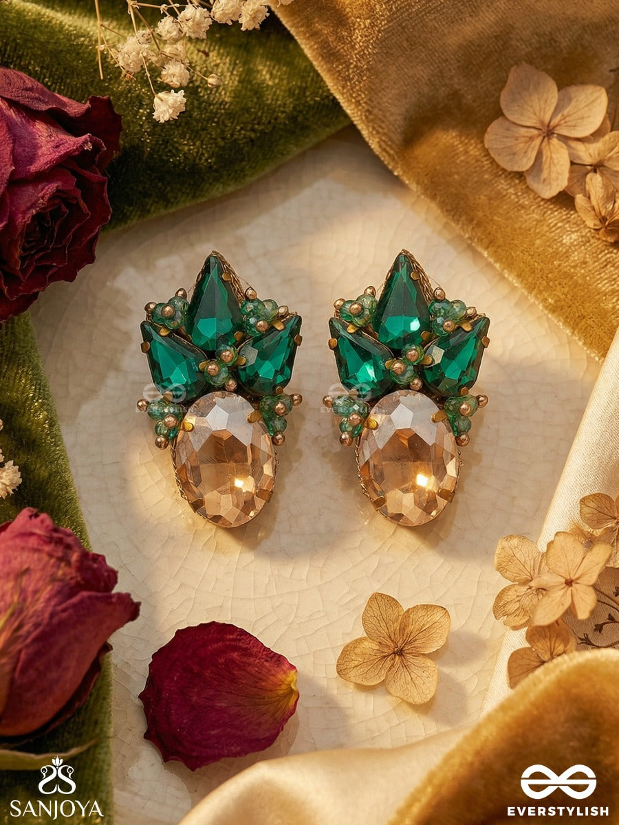 Maniphala - Jewelled Fruit - Ornate Earrings With Gem Cluster And Golden Stone Drop