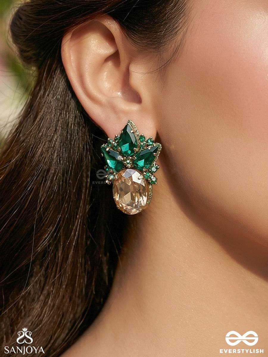 Maniphala - Jewelled Fruit - Ornate Earrings With Gem Cluster And Golden Stone Drop