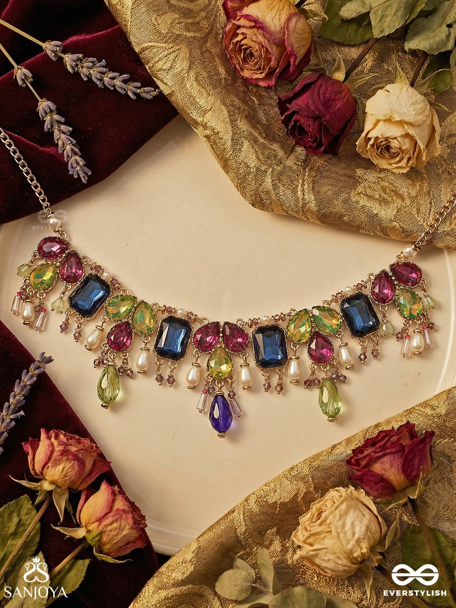 Manivarchini - Jewelled Splendour - Festive Necklace With Multi-Gem Arrangement, Ornamental Links And Dangling Drop Accents